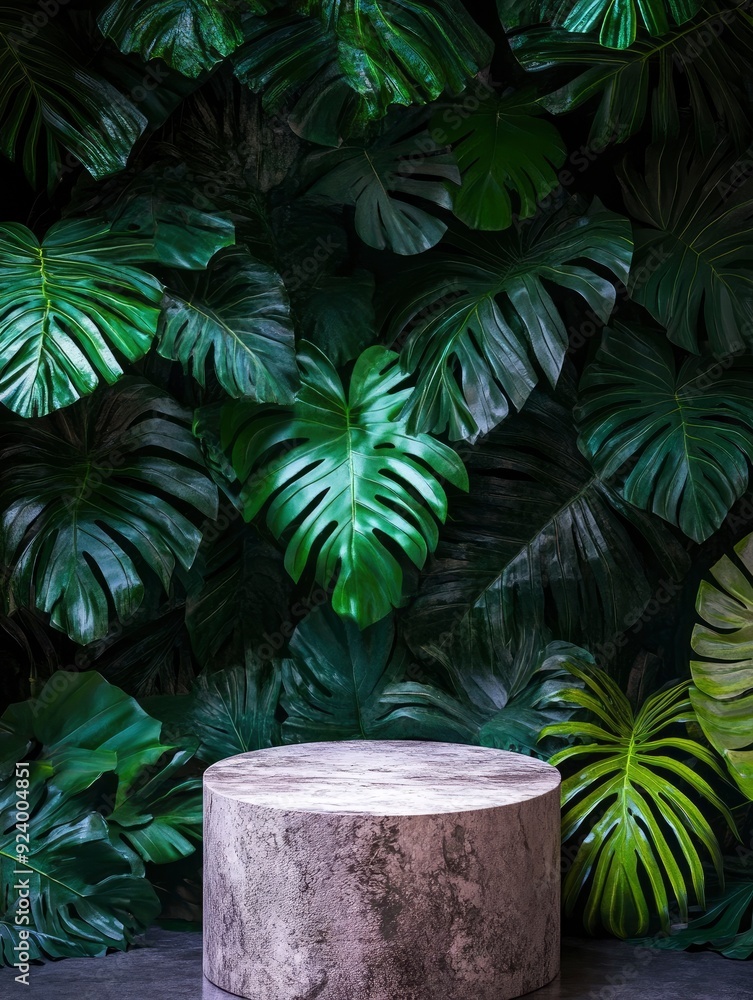 Stone podium against a background of tropical leaves , ai Stone podium against a background of tropical leaves , ai