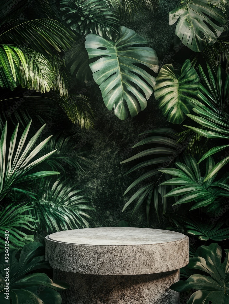 Stone podium against a background of tropical leaves , ai Stone podium against a background of tropical leaves , ai