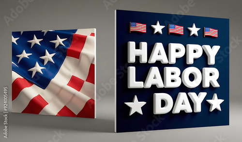 Happy Labor Day Background, Poster Banner Social Media post, With Bold 3D Text   Effect, Illustration  American Flag With Labor Day Timecard and Work Tools. photo