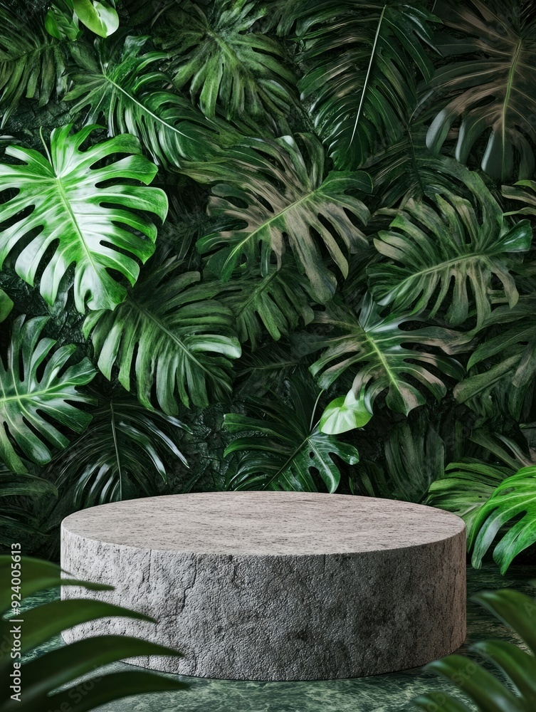 Stone podium against a background of tropical leaves , ai Stone podium against a background of tropical leaves , ai