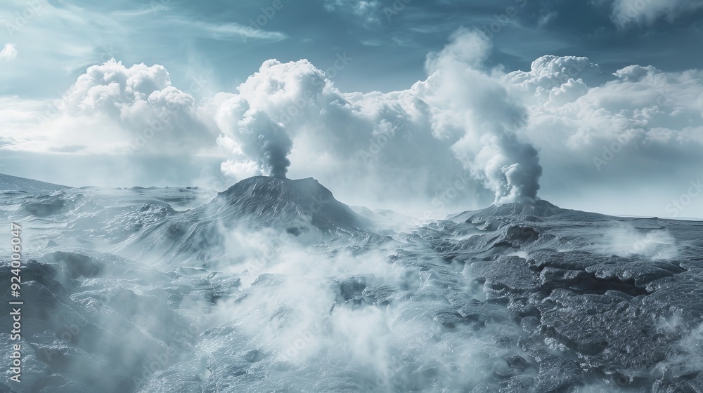 Volcanic steam vents emitting billows of vapor, creating dramatic and mystical landscapes Volcanic steam vents emitting billows of vapor, creating dramatic and mystical landscapes