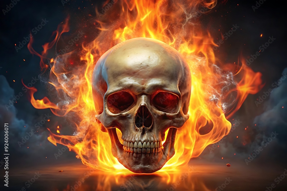 Skull with fire. High resolution 3d render.