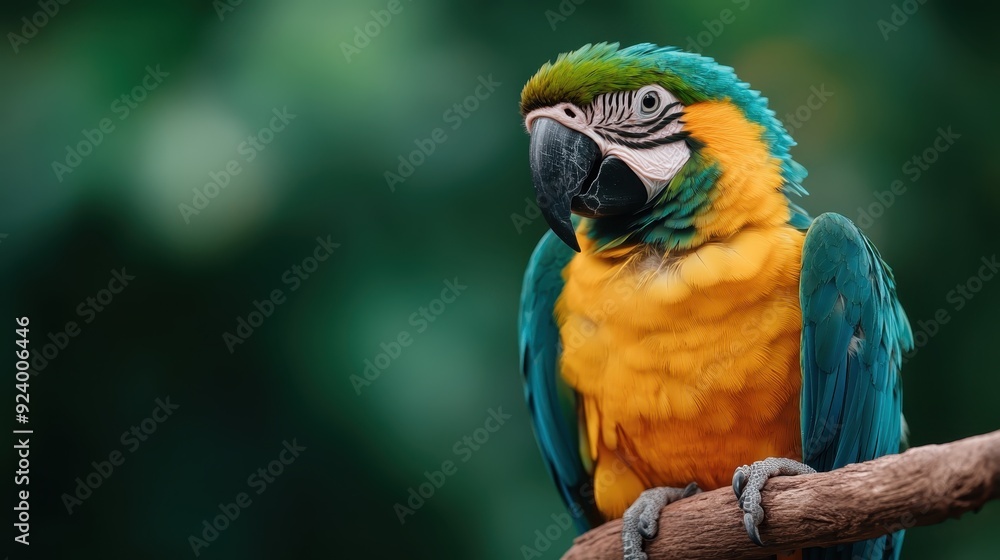A vivid and colorful macaw bird is perched on a branch, showcasing its beautiful feathers, alert eyes, and striking contrasting colors against a blurred green background. A vivid and colorful macaw bird is perched on a branch, showcasing its beautiful feathers, alert eyes, and striking contrasting colors against a blurred green background.