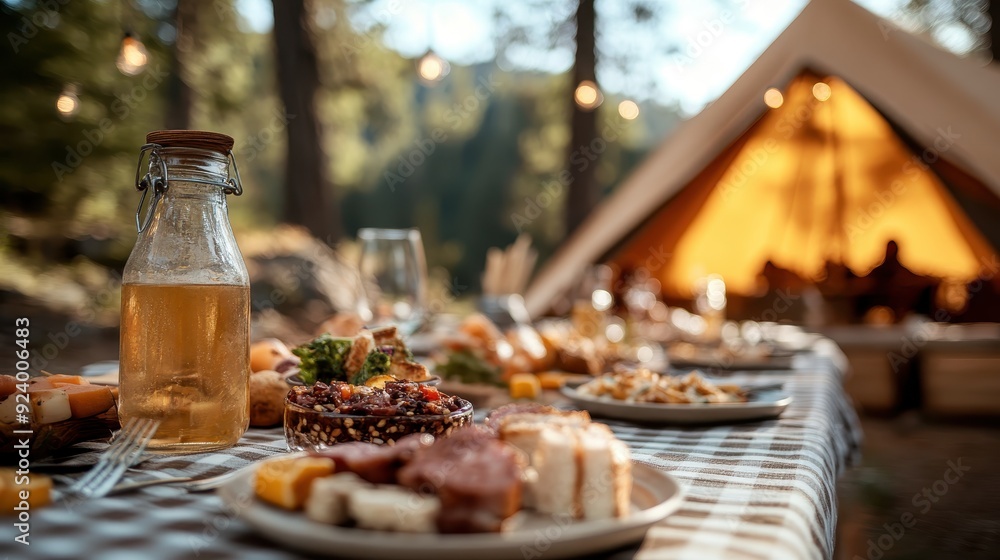 An inviting outdoor picnic setup featuring a table adorned with various delectable food items, drinks, and desserts against a backdrop of nature, setting a cheerful and festive mood. An inviting outdoor picnic setup featuring a table adorned with various delectable food items, drinks, and desserts against a backdrop of nature, setting a cheerful and festive mood.