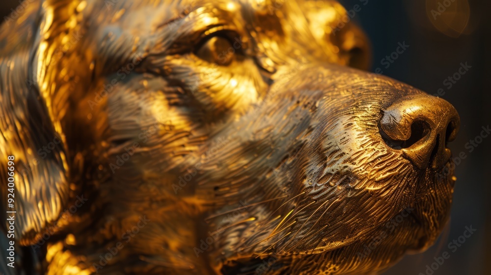 a close up of a golden dog statue a close up of a golden dog statue