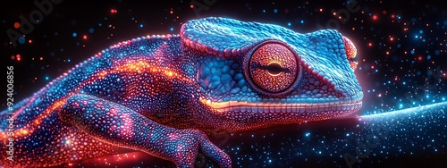  Chameleon with colorful neon retro wave background. synth wave frog. Illustrations design  photo