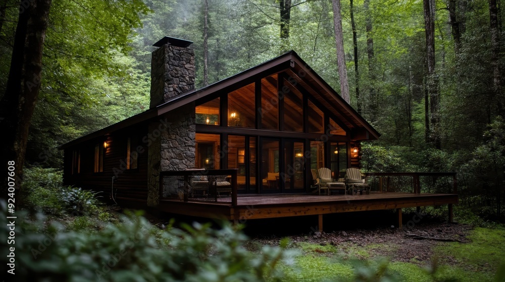 A peaceful cabin with warm lights glowing through the windows, surrounded by a tranquil forest. This scene embodies calm and restfulness within nature. A peaceful cabin with warm lights glowing through the windows, surrounded by a tranquil forest. This scene embodies calm and restfulness within nature.