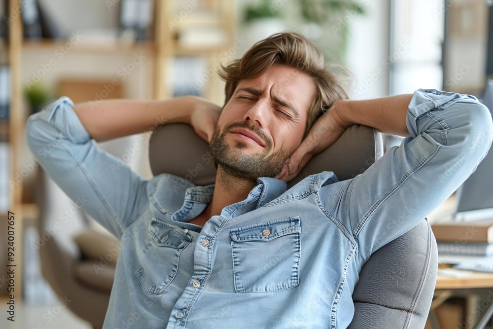 Beautiful photo of a businessman suffering from neck pain in the office due to bad posture and ergonomics. Beautiful photo of a businessman suffering from neck pain in the office due to bad posture and ergonomics.