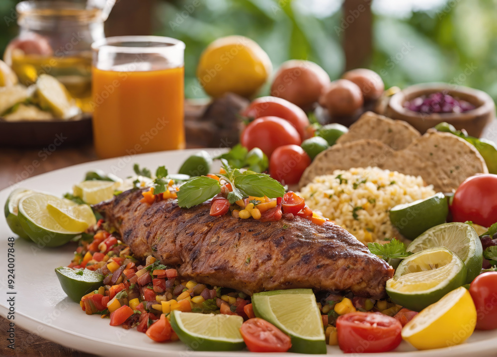 Freshly Grilled Fish Served With Colorful Salsa And Accompaniments At A Tropical Setting Freshly Grilled Fish Served With Colorful Salsa And Accompaniments At A Tropical Setting