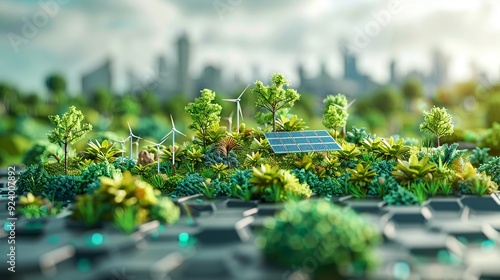 Visualize the role of renewable energy in combating global warming with a graphic of solar panels, wind turbines, and other green technologies reducing CO2 emissions. high resolution Illustration, in