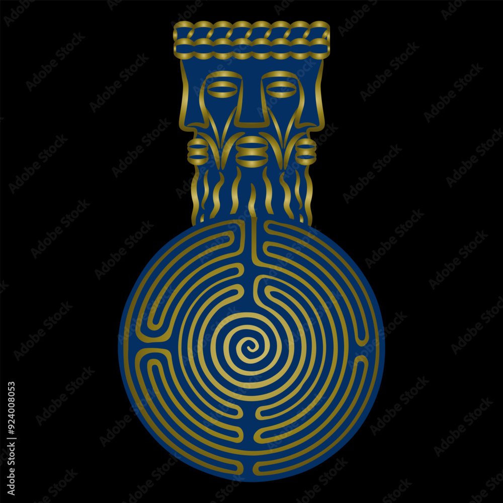 Lugus Head of Celtic god Lugh and a round spiral maze or labyrinth symbol ...