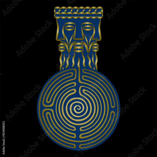 Head of Celtic god Lugh and a round spiral maze or labyrinth symbol. Pagan trinity. Gaulish Deity Lugus. Three faced bearded man. Ethnic design. 