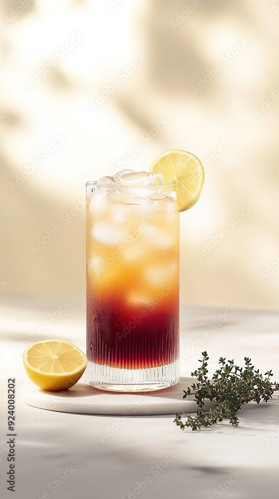 A tall, pastel orange and red gradient glass filled with ice cubes to the top A tall, pastel orange and red gradient glass filled with ice cubes to the top