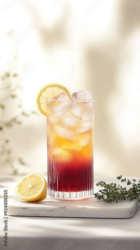A tall, pastel orange and red gradient glass filled with ice cubes to the top A tall, pastel orange and red gradient glass filled with ice cubes to the top