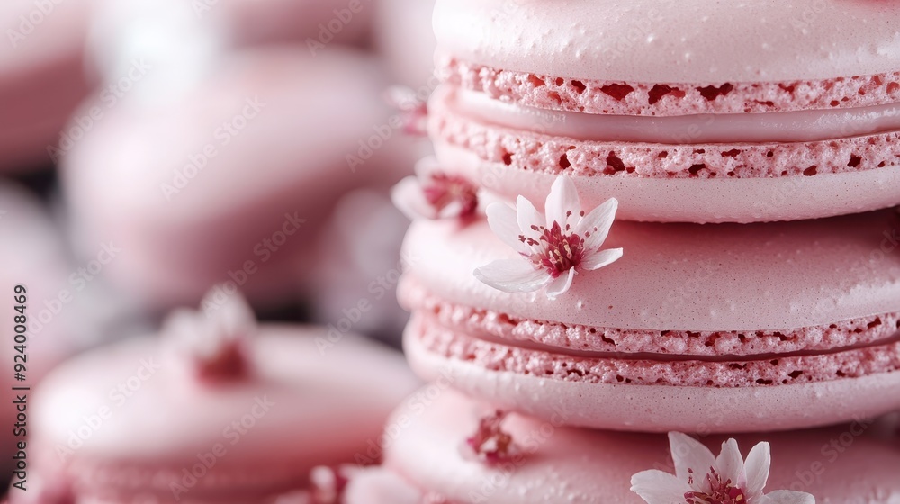 A close-up shot of pastel pink macarons beautifully adorned with small flowers, showcasing the intricacies of the confection's delicate texture and color palette. A close-up shot of pastel pink macarons beautifully adorned with small flowers, showcasing the intricacies of the confection's delicate texture and color palette.