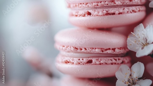 A visually appealing stack of pink macarons highlighted with delicate white flowers, emphasizing the meticulous attention to detail in both presentation and decadence. photo