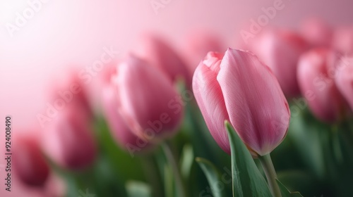 An enchanting image featuring a blurred background of pink tulips, capturing the vibrant and soothing ambiance of a blooming field in the beauty of springtime.