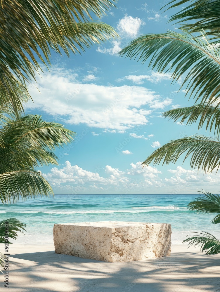 Fototapeta premium Stone podium on the beach with palm trees, sea surface, ai
