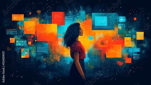 A woman surrounded by digital screens and holograms symbolizing the depth of knowledge in the age of AI. photo