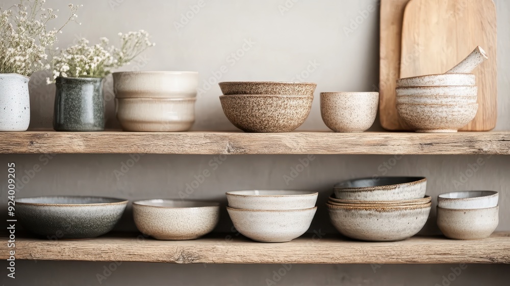 A collection of assorted ceramic bowls in diverse colors and textures on wooden shelves, accompanied by delicate floral accents, creating a thoughtfully organized and aesthetically pleasing setup. A collection of assorted ceramic bowls in diverse colors and textures on wooden shelves, accompanied by delicate floral accents, creating a thoughtfully organized and aesthetically pleasing setup.