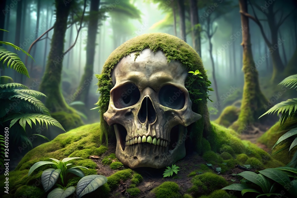 3d illustration of elaborate wood skull covered in moss in a green forest 3d illustration of elaborate wood skull covered in moss in a green forest