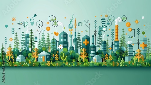 Illustrate sustainable disease treatment through a detailed graphic of eco-friendly medical practices, showcasing their role in reducing carbon emissions and promoting global health. high resolution