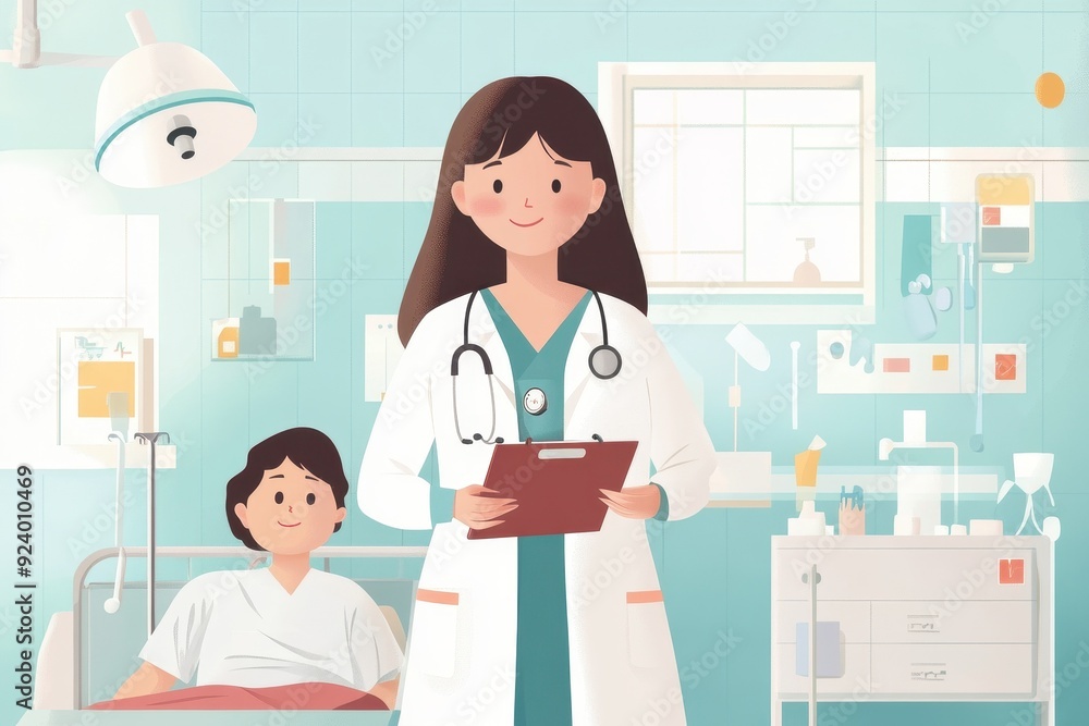 Compassionate Nurse Providing Care to Patient in Vibrant Hospital Environment - Vector Illustration of Medical Profession Compassionate Nurse Providing Care to Patient in Vibrant Hospital Environment - Vector Illustration of Medical Profession