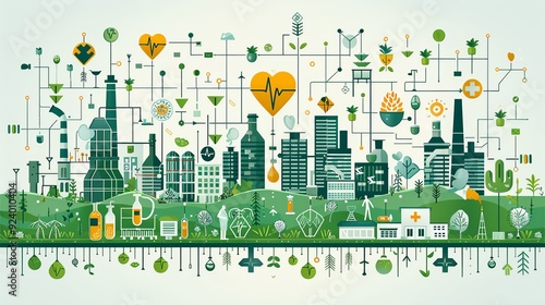 Illustrate sustainable disease treatment through a detailed graphic of eco-friendly medical practices, showcasing their role in reducing carbon emissions and promoting global health. high resolution