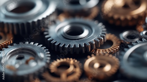 This image shows a close-up view of interlocking silver and bronze metal gears, representing mechanical engineering, precision, and industrial machinery. photo