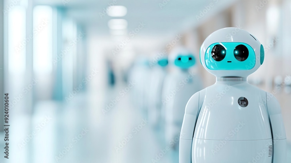 A line of white robots with blue eyes stand in a sterile hallway. A line of white robots with blue eyes stand in a sterile hallway.