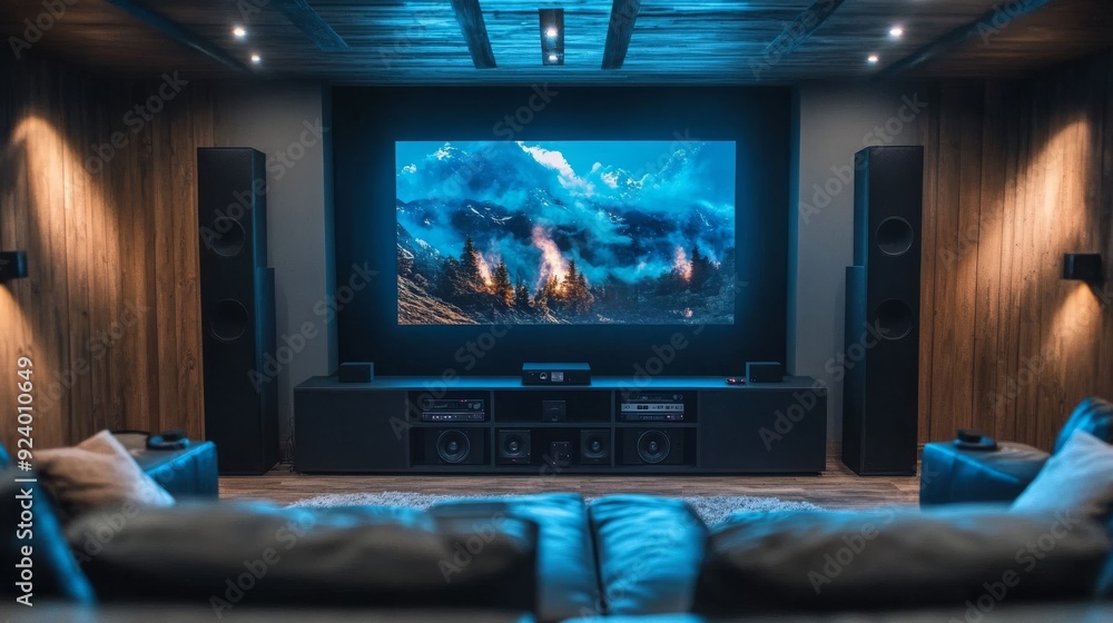 Naklejka premium AI-Powered Home Entertainment Systems: Home theaters with AI-curated content recommendations.