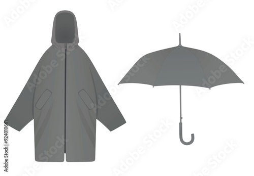 Grey  rain coat and umbrella. vector illustration