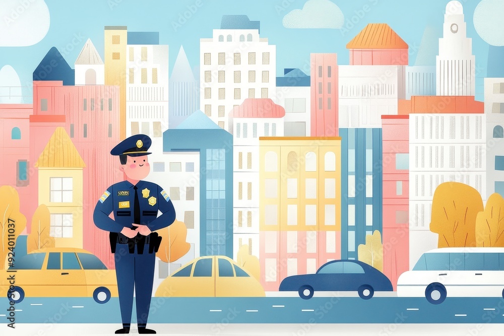 Naklejka premium Vibrant City Traffic Control - Illustrative Police Officer Directing Traffic in Colorful Urban Setting, Vector Hand-Drawn Law Enforcement Occupation Scene