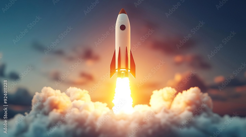 Obraz premium Wide shot, financial success visualized by a rocket launch representing expansion.