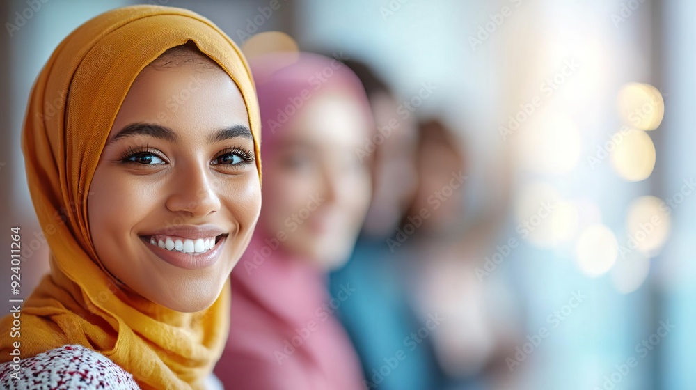 Smiling Muslim woman in a yellow headscarf looking at the camera. Smiling Muslim woman in a yellow headscarf looking at the camera.