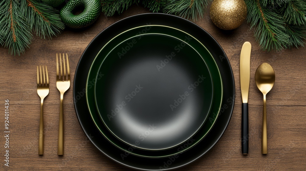 A modern festive table setup for New Years Eve 2025 with green and gold accents wooden elements and elegant snakeshaped tableware captured in a topdown photography style A modern festive table setup for New Years Eve 2025 with green and gold accents wooden elements and elegant snakeshaped tableware captured in a topdown photography style