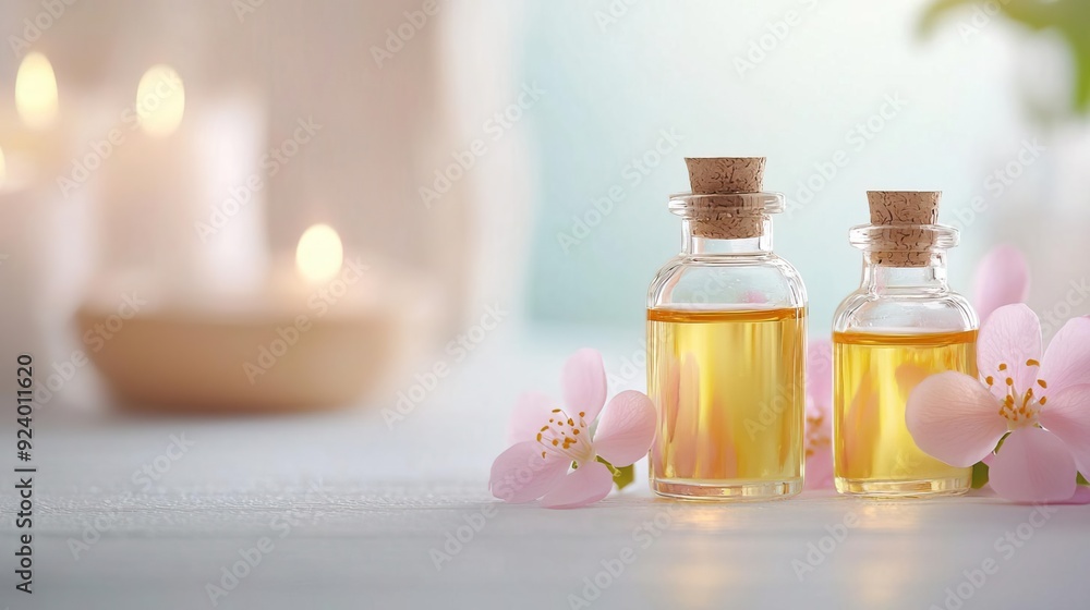 Two bottles of essential oil with pink blossoms and candles in the background. Two bottles of essential oil with pink blossoms and candles in the background.