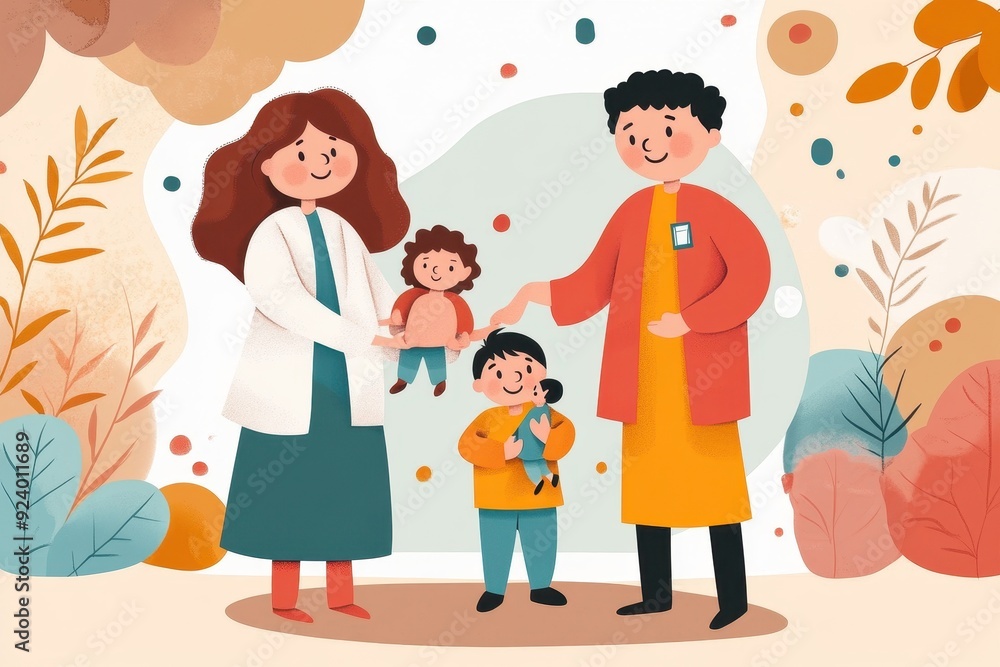 Supportive Social Worker Assisting Family in Vibrant Environment - Vector Illustration of Social Occupation Supportive Social Worker Assisting Family in Vibrant Environment - Vector Illustration of Social Occupation