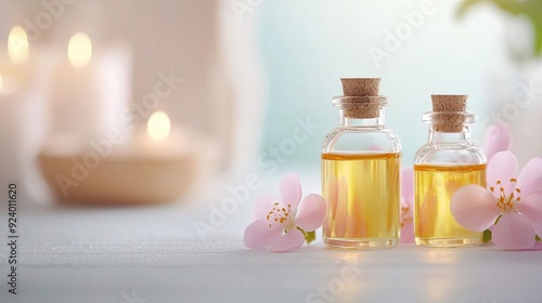 Two bottles of essential oil with pink blossoms and candles in the background.