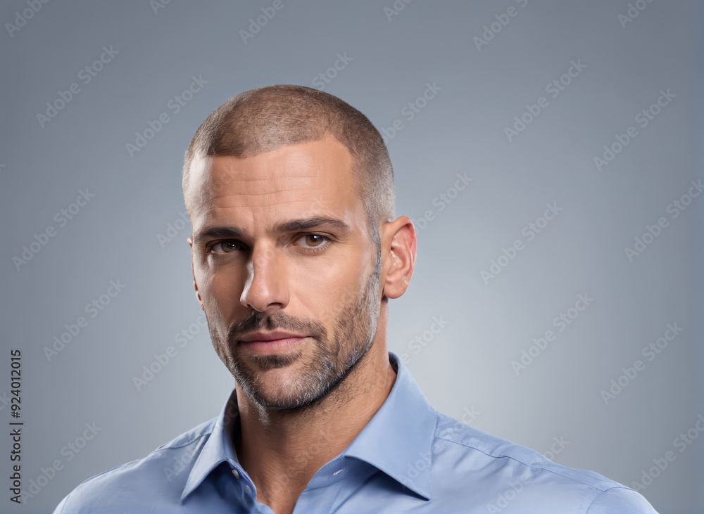Fototapeta premium Confident Man in Light Blue Shirt Posing Against Neutral Background