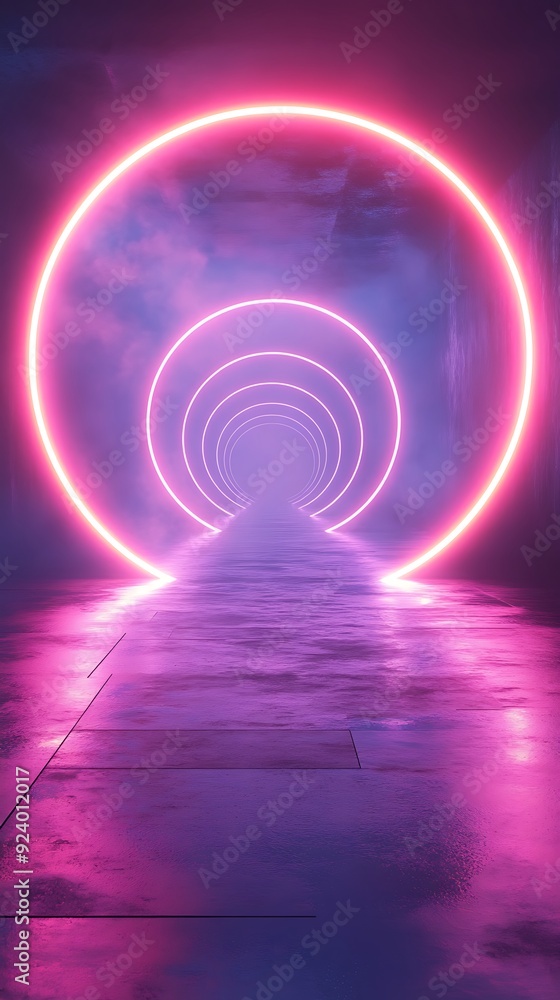 Neon Pink Circular Light Tunnel on Wet Concrete Floor Neon Pink Circular Light Tunnel on Wet Concrete Floor