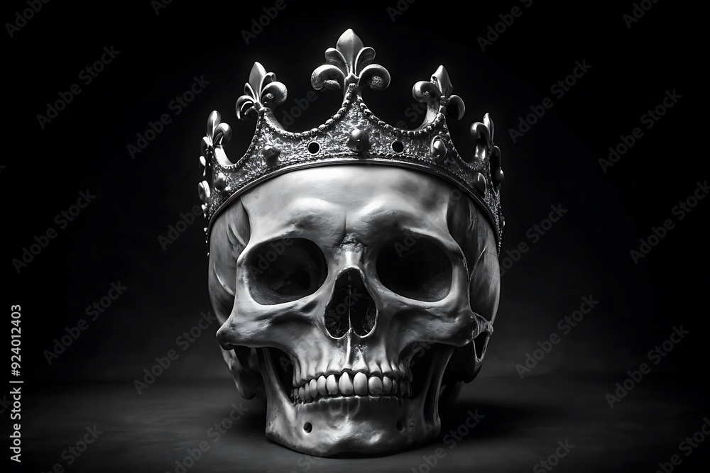 still life portrait of a skull wearing a golden crown, against a black background. still life portrait of a skull wearing a golden crown, against a black background.