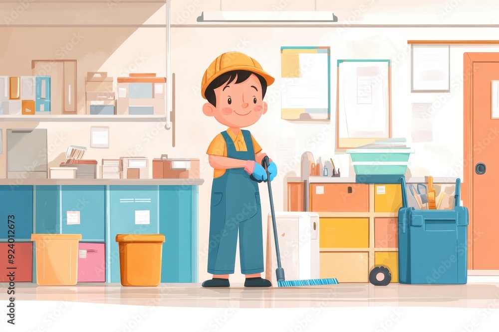 Cheerful Janitor Cleaning Vibrant School - Hand-Drawn Vector Illustration of Public Service Occupation with Colorful Details Cheerful Janitor Cleaning Vibrant School - Hand-Drawn Vector Illustration of Public Service Occupation with Colorful Details