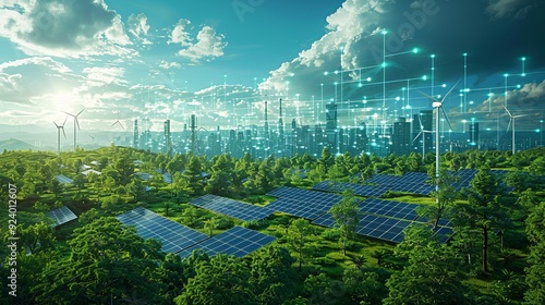 Visualize the role of renewable energy in combating global warming with a graphic of solar panels, wind turbines, and other green technologies reducing CO2 emissions. high resolution Illustration, in