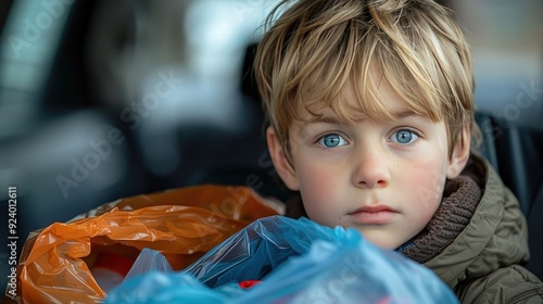 Child Feeling Unwell in a Car, Clutching a Paper Bag: A Heartfelt Image Capturing the Struggles of Young Passengers Experiencing Motion Sickness During a Family Road Trip. photo