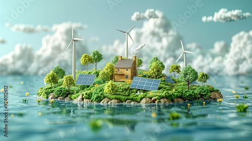 Visualize the role of renewable energy in combating global warming with a graphic of solar panels, wind turbines, and other green technologies reducing CO2 emissions. high resolution Illustration, in