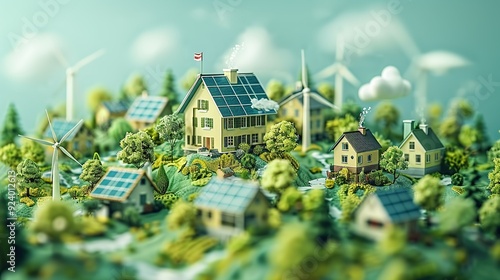 Visualize the role of renewable energy in combating global warming with a graphic of solar panels, wind turbines, and other green technologies reducing CO2 emissions. high resolution Illustration, in