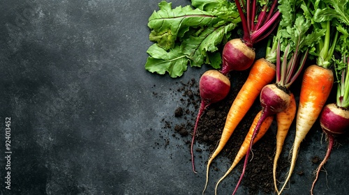 A rustic arrangement of root vegetables, including beets, parsnips, and carrots, set on a dark charcoal concrete surface, with a light dusting of soil for an earthy feel