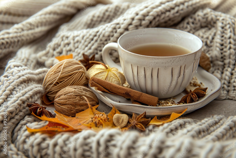 Cozy Autumn Still Life with Tea and Knitwear Cozy Autumn Still Life with Tea and Knitwear
