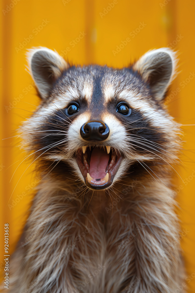 Happy raccoon on a vibrant yellow background, looking excited and surprised Happy raccoon on a vibrant yellow background, looking excited and surprised